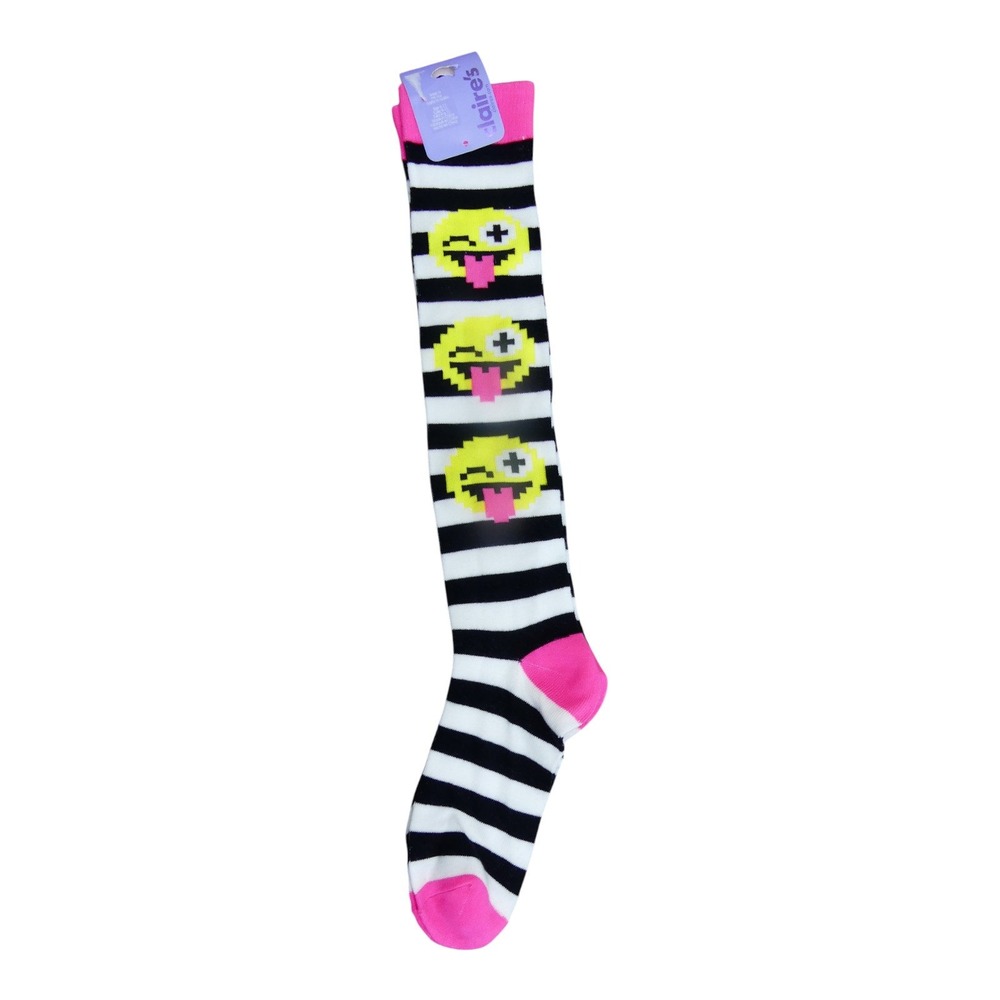 Claire's Knee High Socks Girls Size 9-11 Pink Black White NWT Emoji Striped